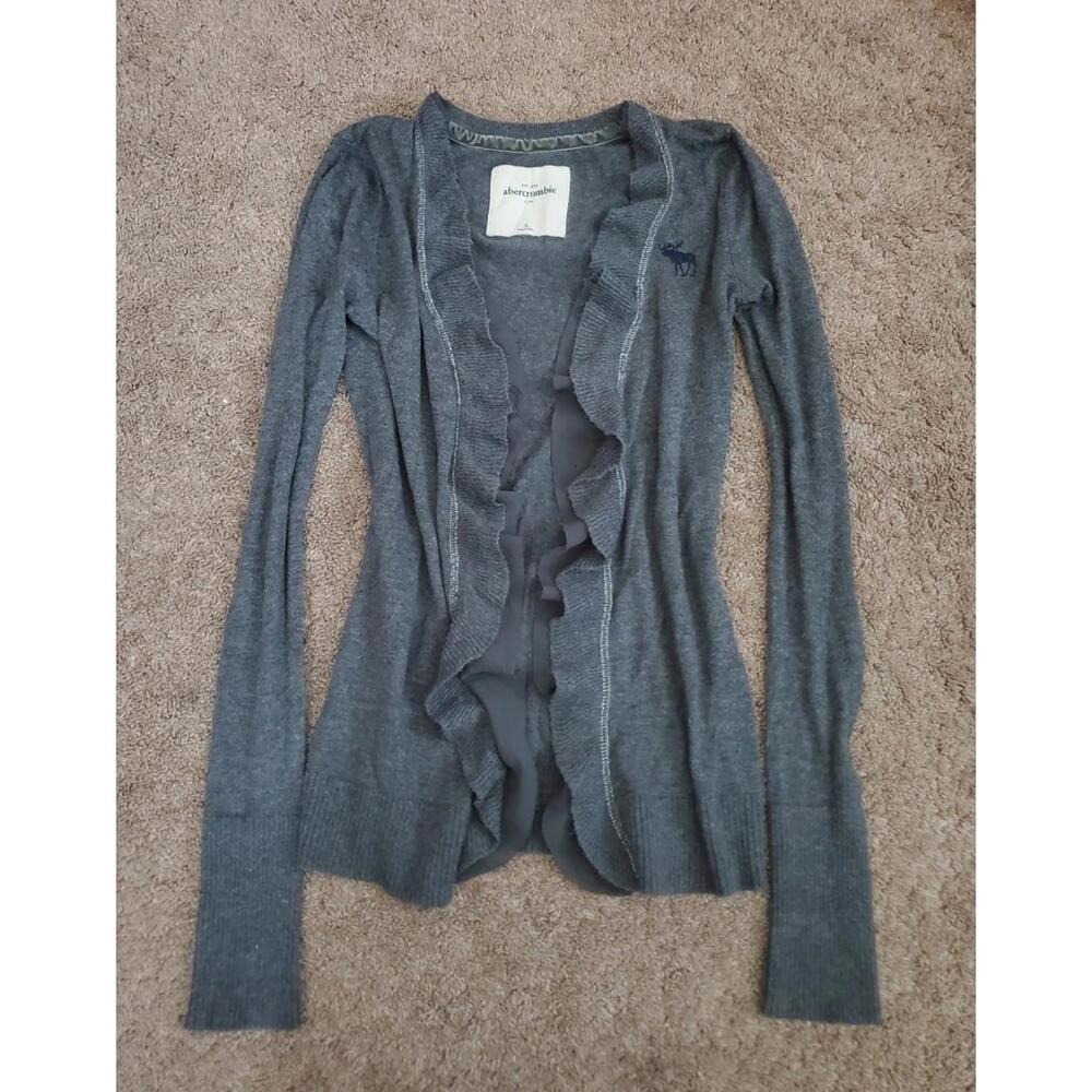 Y2K Abercrombie & Fitch XSmall Fitted Sweater Open Cardigan Ruffles Gray